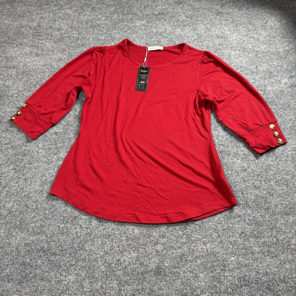 Fantaslook NWT Red 3/4 Sleeve Top Button Cuff Detail Scoop Neck Blouse Sz‎ Med